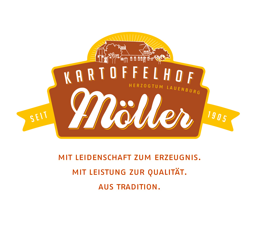 Kartoffelhof Möller: Neuentwicklung eines Erscheinungsbildes mit Logo und Slogan für einen traditionellen Familienbetrieb. Das Logo dient gleichzeitig als Label.