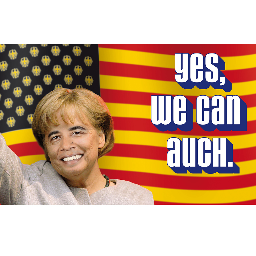 Medienhaus Kiel: Fotomontage "Yes, we can auch." aus Barack Obama und Angela Merkel für ein Kundenmagazin.